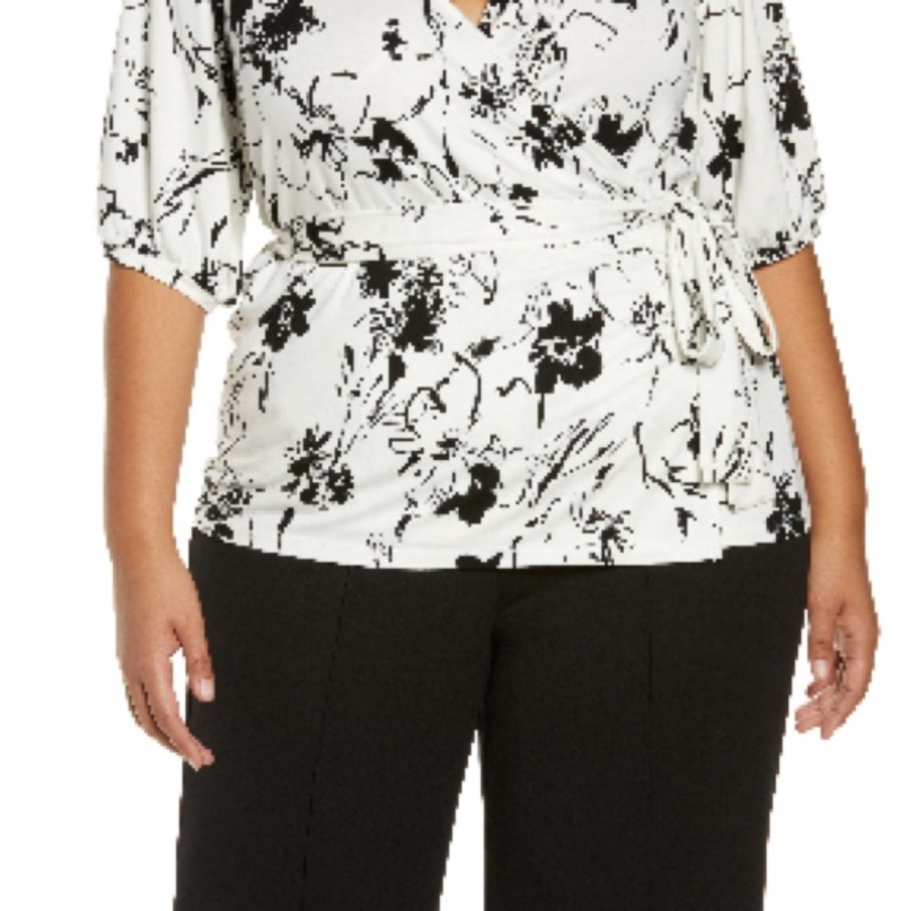 Halogen Black and Ivory Wrap Blouse with 3/4 Sleeves